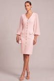 Pink Pencil Single Breasted Tweed V-Neck Puff Sleeves Midi Work Dress with Button