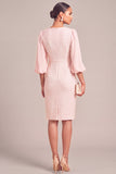 Pink Pencil Single Breasted Tweed V-Neck Puff Sleeves Midi Work Dress with Button
