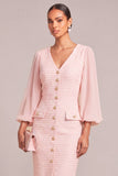 Pink Pencil Single Breasted Tweed V-Neck Puff Sleeves Midi Work Dress with Button