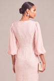 Pink Pencil Single Breasted Tweed V-Neck Puff Sleeves Midi Work Dress with Button