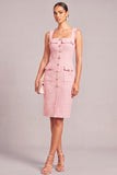 Pink Thick Straps Midi Single Breasted Tweed Pencil Work Dress with Button