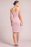 Pink Thick Straps Midi Single Breasted Tweed Pencil Work Dress with Button