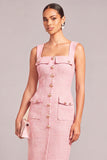 Pink Thick Straps Midi Single Breasted Tweed Pencil Work Dress with Button