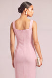 Pink Thick Straps Midi Single Breasted Tweed Pencil Work Dress with Button