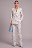 Light Blue Floral Peak Lapel Jacquard Long Sleeves Business Suits