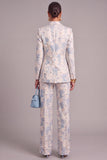 Light Blue Floral Peak Lapel Jacquard Long Sleeves Business Suits