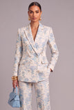 Light Blue Floral Peak Lapel Jacquard Long Sleeves Business Suits