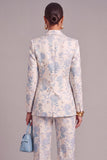 Light Blue Floral Peak Lapel Jacquard Long Sleeves Business Suits