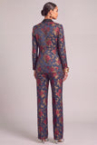 Red Floral Shawl Lapel 2 Piece Long Sleeves Business Suits