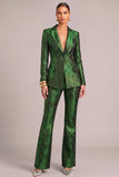 Dark Green Jacquard Peak Lapel Long Sleeves 2 Piece Business Suits with Buttons