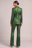 Dark Green Jacquard Peak Lapel Long Sleeves 2 Piece Business Suits with Buttons
