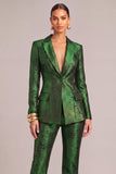 Dark Green Jacquard Peak Lapel Long Sleeves 2 Piece Business Suits with Buttons