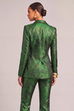 Dark Green Jacquard Peak Lapel Long Sleeves 2 Piece Business Suits with Buttons