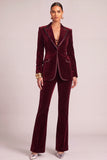Burgundy Velvet Peak Lapel 2 Piece Business Suits with Sleeves