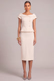 Ivory Pencil Boat Neck Midi Business Suits with Button