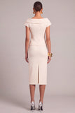 Ivory Pencil Boat Neck Midi Business Suits with Button