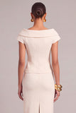 Ivory Pencil Boat Neck Midi Business Suits with Button