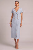 Light Blue Tweed Pencil Shawl Lapel Midi Pageant Interview Dress with Button