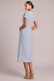 Light Blue Tweed Pencil Shawl Lapel Midi Pageant Interview Dress with Button