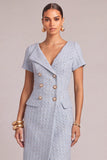 Light Blue Tweed Pencil Shawl Lapel Midi Pageant Interview Dress with Button