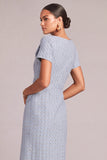 Light Blue Tweed Pencil Shawl Lapel Midi Pageant Interview Dress with Button