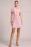 Pink Collar Neck Tweed Short Pageant Interview Dress with Button