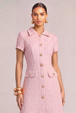 Pink Collar Neck Tweed Short Pageant Interview Dress with Button