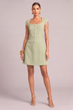 Light Green A-Line Square Neck Tweed Short Pageant Interview Dress with Button