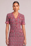 Red Grid V-Neck Fringed Tweed Pageant Interview Dress