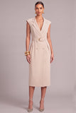 Ivory Pencil Notched Lapel Midi Work Dress with Belt