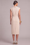 Ivory Pencil Notched Lapel Midi Work Dress with Belt