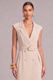 Ivory Pencil Notched Lapel Midi Work Dress with Belt