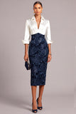 Sparkly Sequins Navy Pencil Collar Neck 3/4 Sleeves Midi Work Dress with 3D Flower