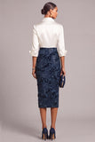 Sparkly Sequins Navy Pencil Collar Neck 3/4 Sleeves Midi Work Dress with 3D Flower