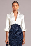 Sparkly Sequins Navy Pencil Collar Neck 3/4 Sleeves Midi Work Dress with 3D Flower