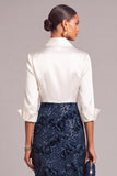 Sparkly Sequins Navy Pencil Collar Neck 3/4 Sleeves Midi Work Dress with 3D Flower