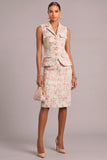 Pink 2 Piece Notched Lapel Tweed Midi Pageant Interview Dress with Button