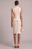 Pink 2 Piece Notched Lapel Tweed Midi Pageant Interview Dress with Button