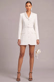 White Shawl Lapel Single Breasted Short Work Dress with Sleeves
