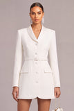 White Shawl Lapel Single Breasted Short Work Dress with Sleeves
