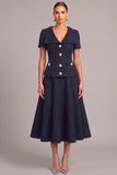 Navy 2 Piece V-Neck A-Line Midi Work Dress with Button