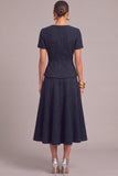 Navy 2 Piece V-Neck A-Line Midi Work Dress with Button