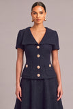 Navy 2 Piece V-Neck A-Line Midi Work Dress with Button