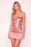 Pink Sparkly Sequins Strapless Ruched Short Cocktail Dress