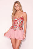 Sparkly Pink Spaghetti Straps Tiered Short Cocktail Dress with Sequins