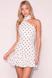 White Black Dot High Neck Ruffled Short Cocktail Dress