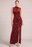 Floral Terracotta Sheath High Neck Ruched Long Formal Dress with Slit