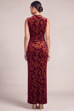 Floral Terracotta Sheath High Neck Ruched Long Formal Dress with Slit