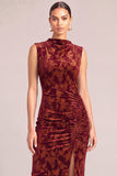 Floral Terracotta Sheath High Neck Ruched Long Formal Dress with Slit