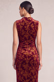 Floral Terracotta Sheath High Neck Ruched Long Formal Dress with Slit